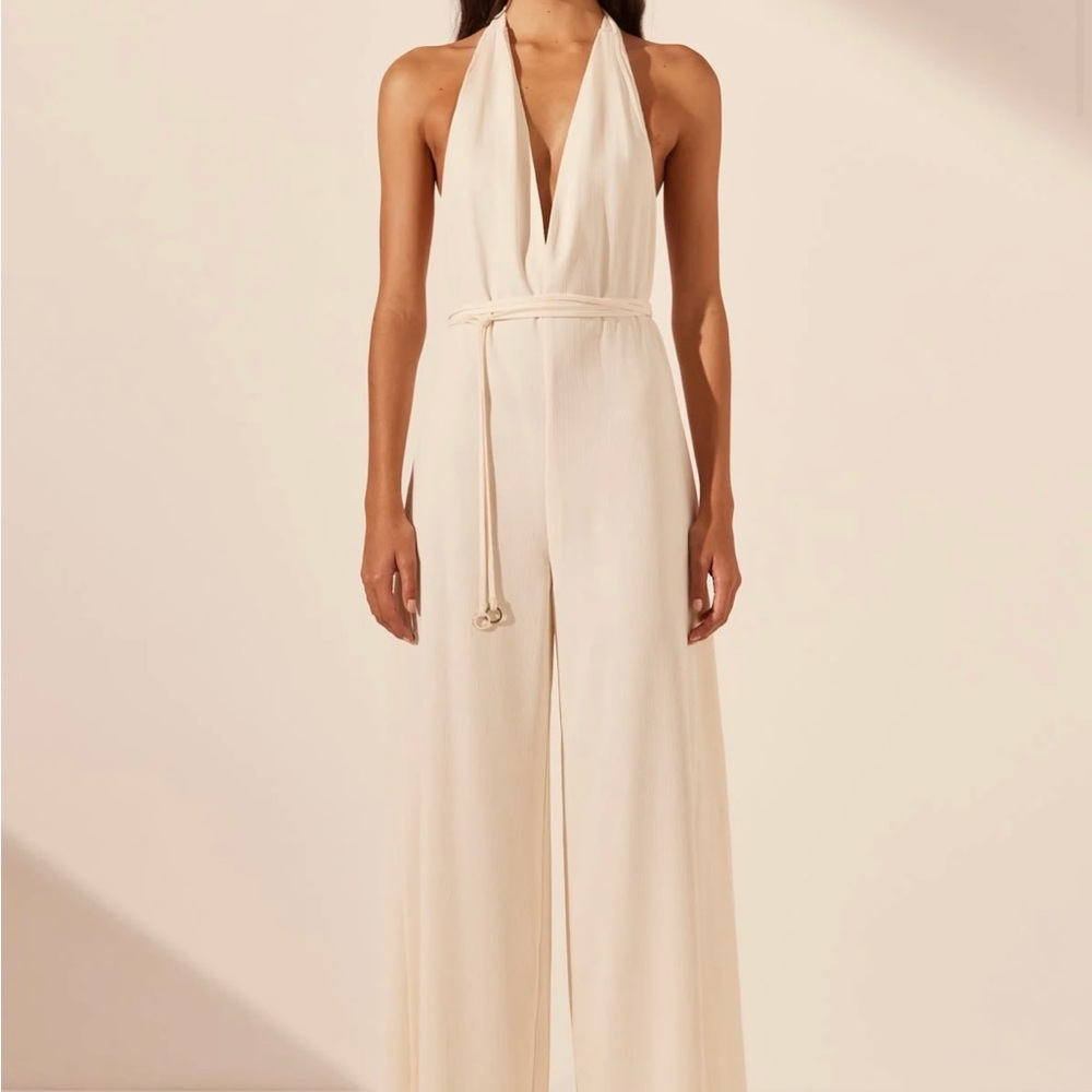 Shona Joy Cream Halter Jumpsuit with Wide-Leg Design